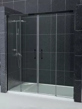 Mampara de ducha Frontal 2 fijos con 2 correderas perfil negro cristal transparente - Serie 11
