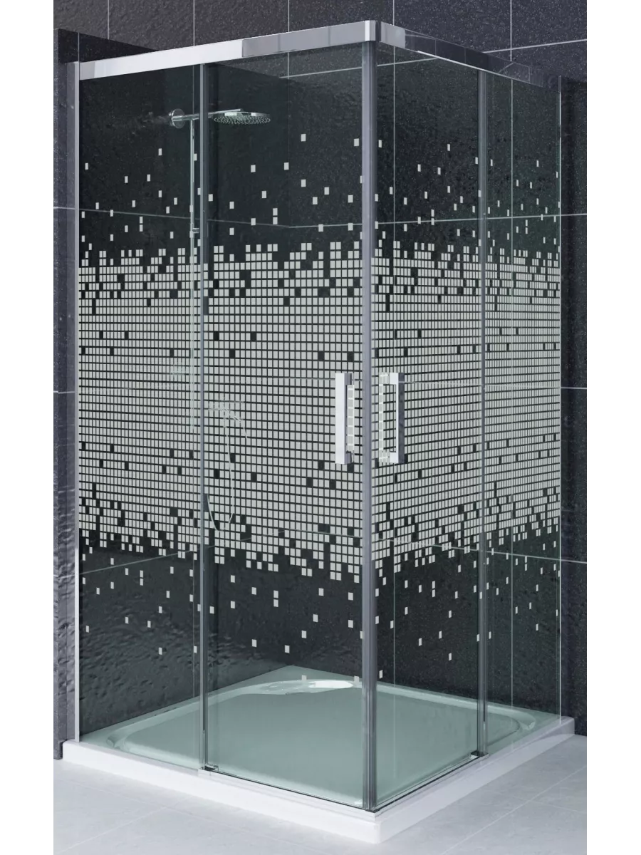 Mampara de ducha 2 fijos con 2 puertas correderas en vértice decorado cuadros - modelo Norman