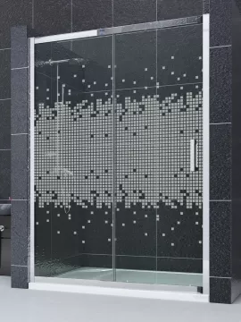 Mampara de ducha frontal 1 fijo con 1 corredera 110 cm ancho cristal decorado cuadros - modelo Remind