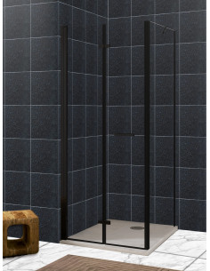 Mampara en vértice puerta plegable con lateral fijo, perfil negro mate - modelo Zen