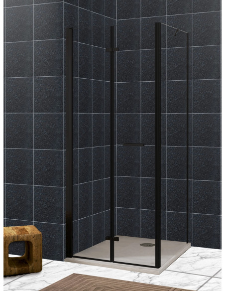 Mampara en vértice puerta plegable con lateral fijo, perfil negro mate - modelo Zen