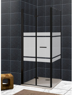 Mampara en vértice puerta plegable con lateral fijo, perfil negro mate - modelo Zen 2