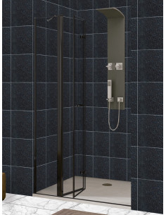 Mampara frontal puerta plegable con fijo en línea, cierre a pared, perfil negro - modelo Zen 2