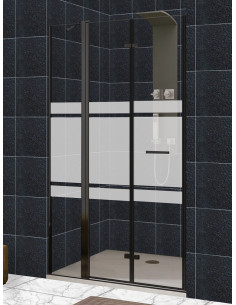 Mampara frontal puerta plegable con fijo en línea, cierre a pared, perfil negro - modelo Zen 2