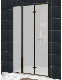 Mampara frontal puerta plegable con fijo en línea, cierre a pared, perfil negro - modelo Zen 2