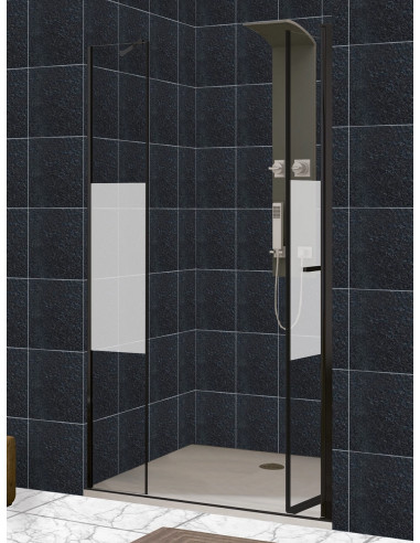 Mampara frontal puerta plegable con fijo en línea, cierre a al fijo, perfil negro - modelo Zen