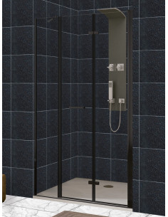 Mampara frontal puerta plegable con fijo en línea, cierre a al fijo, perfil negro - modelo Zen