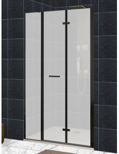 Mampara frontal puerta plegable con fijo en línea, cierre a al fijo, perfil negro - modelo Zen 2